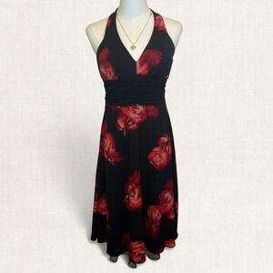 Y2K black red floral halter dress ruched waist midi slip dress vintage 2000s
